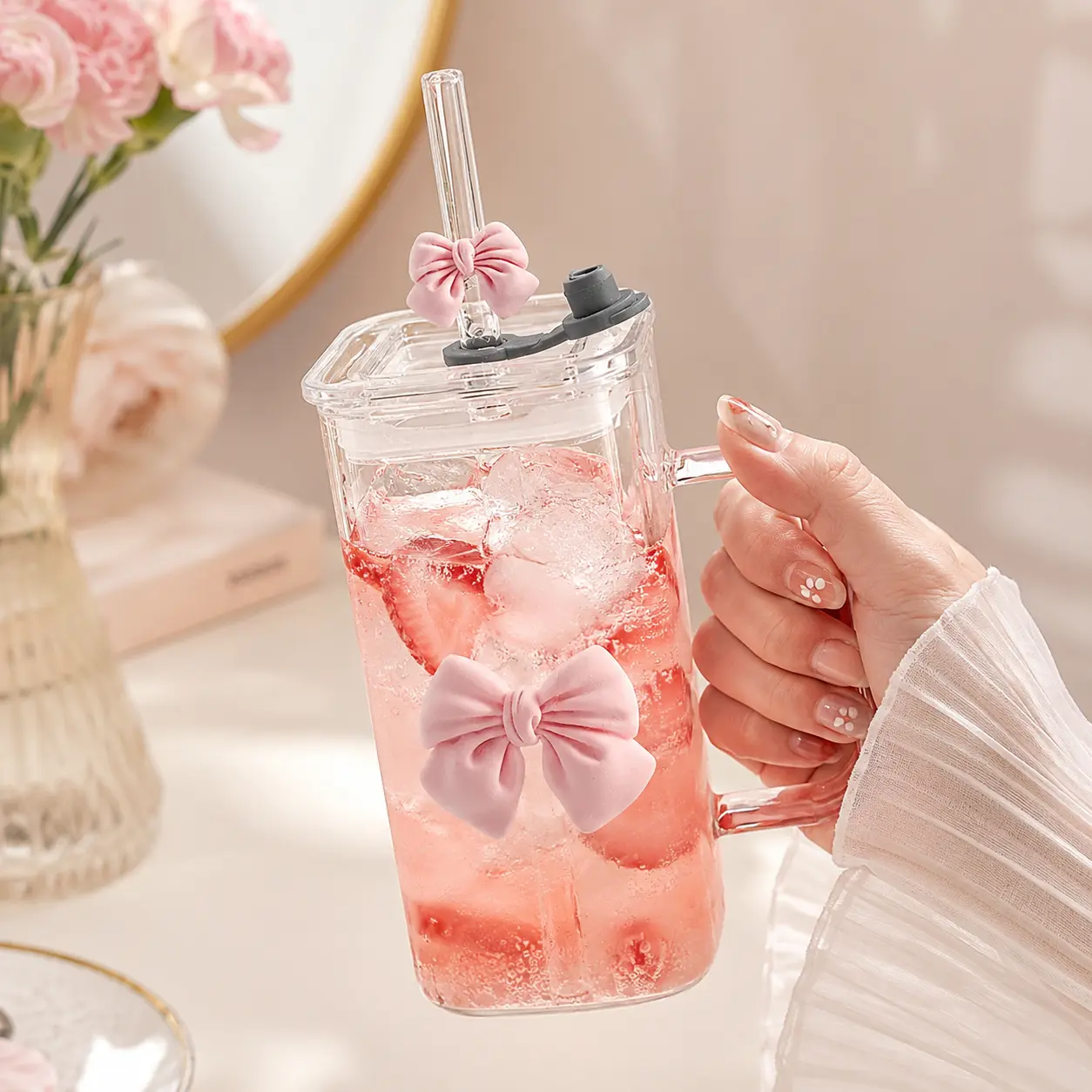 Cute Bow Square Glass Tumbler with Lid, Straw, and Handle, 13 Oz Drinkware for Women, Ideal for Iced Coffee & Milk Tea, Square Shape