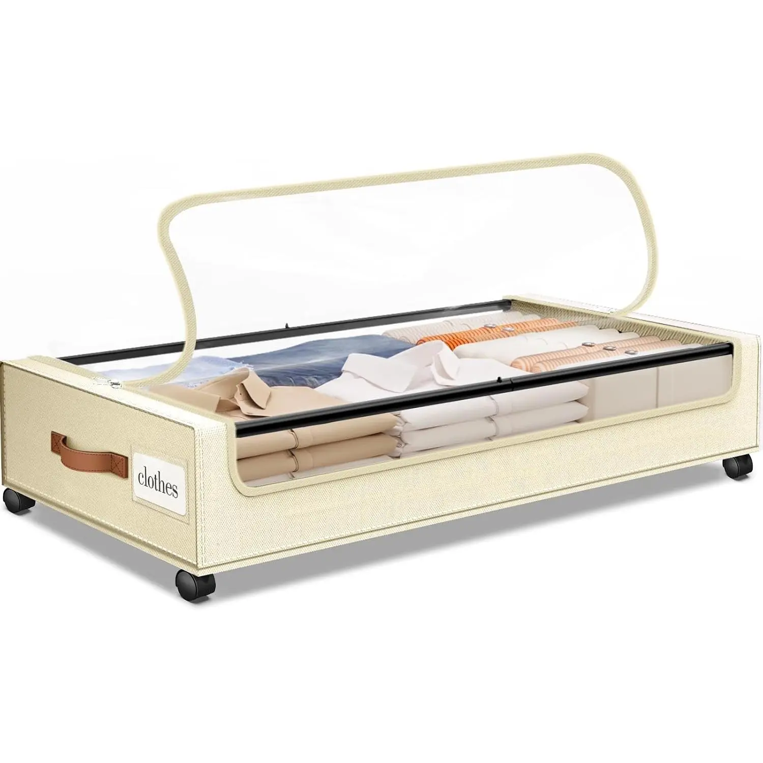 Under Bed Storage with Wheels 1Pack Underbed Storage with Clear Window&Label Under Bed Drawers Large Capacity Rolling Under Bed Storage for Clothes,Shoes, Blankets (Beige)