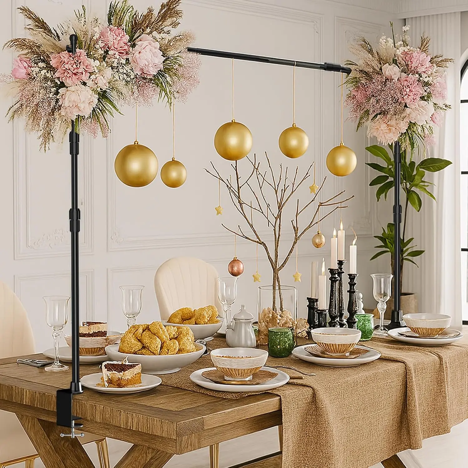 Over Table Rod Stand,Adjustable Table Arch Stand with C-Clamps | 70'' Tall 94" Length Tabletop Banner Stand for Balloon/Flower/Backdrop Decorations&Party/Display/Birthday/Wedding/Festival