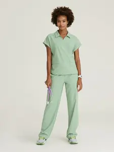 Women's Collared Short Sleeve Scrub Set, Stretch Breathable Grid Fabric, Medical Uniform, Straight Leg, Nursing Workwear