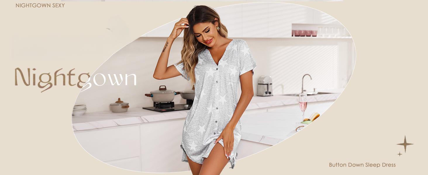 Women V Neck Button Down Nightgown