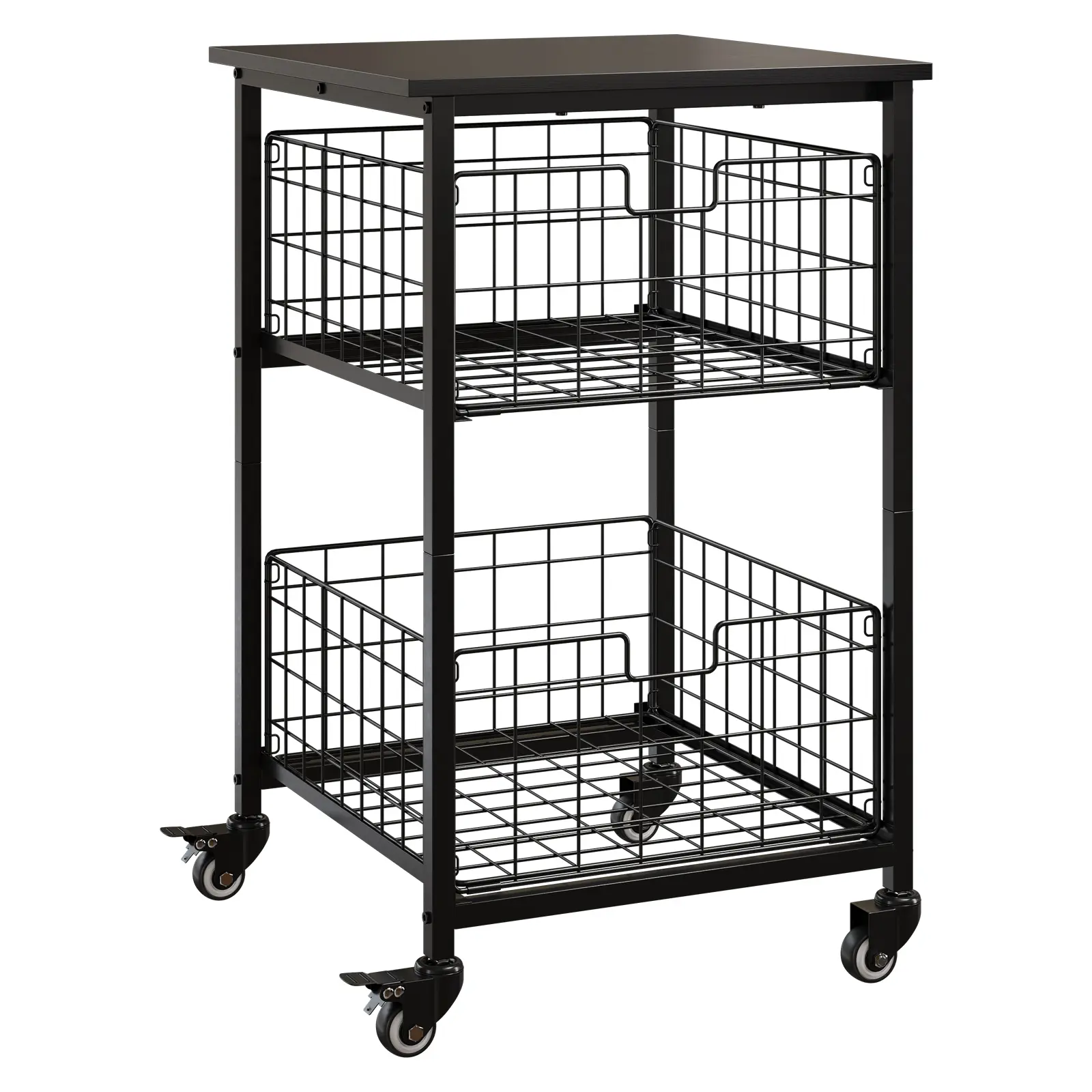 Black Mini Fridge Stand with Storage, 300 Lbs Dorm Microwave Cart | dual slide storage drawers, lockable rolling casters, metal frame, multi-scene use for dorm apartment kitchen