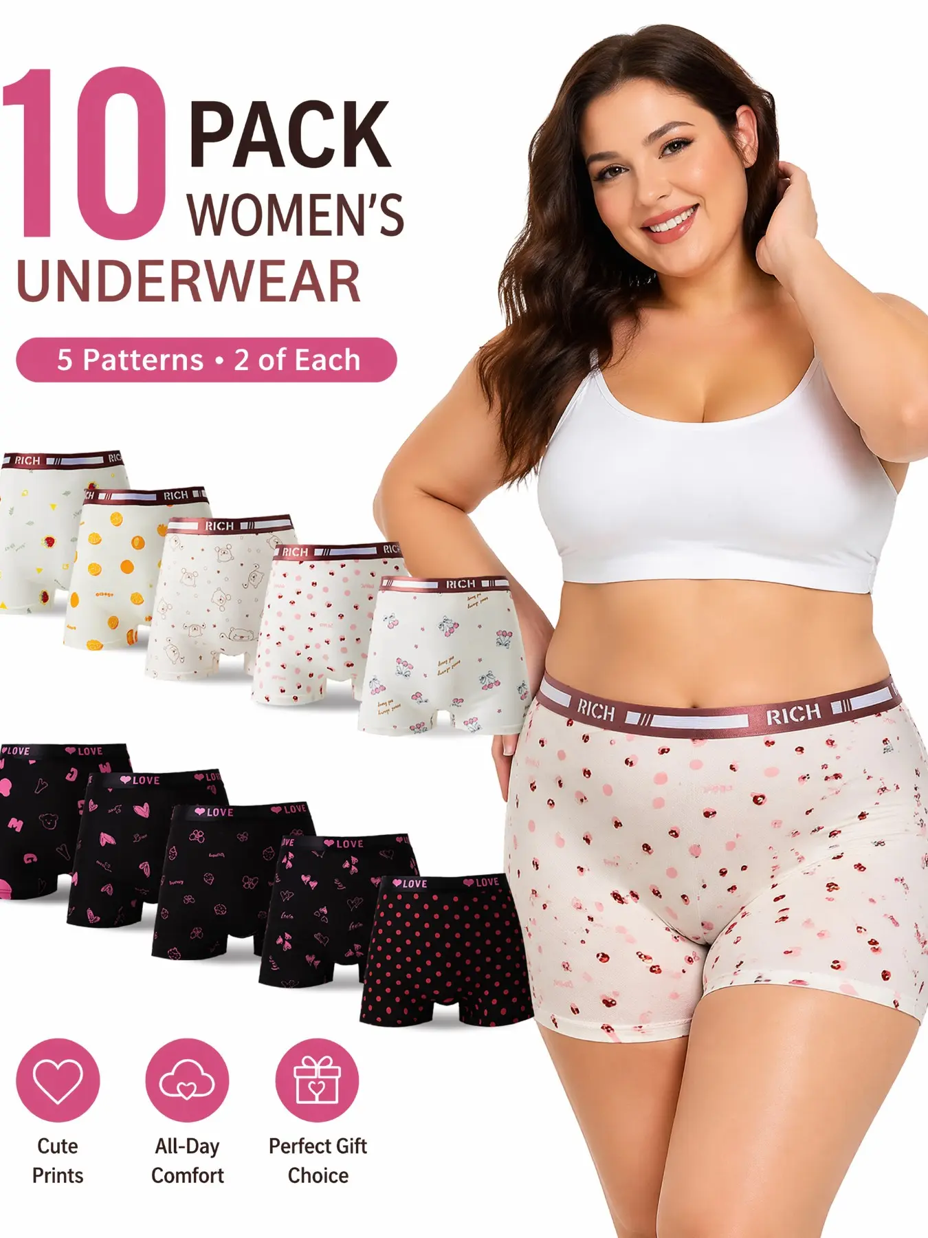 10-Pack High-Waisted Plus-Size Soft Comfy Panties, Comfortable Fashion Design, Solid & Printed Patterns, Breathable Fabric, Non-Slip Fit