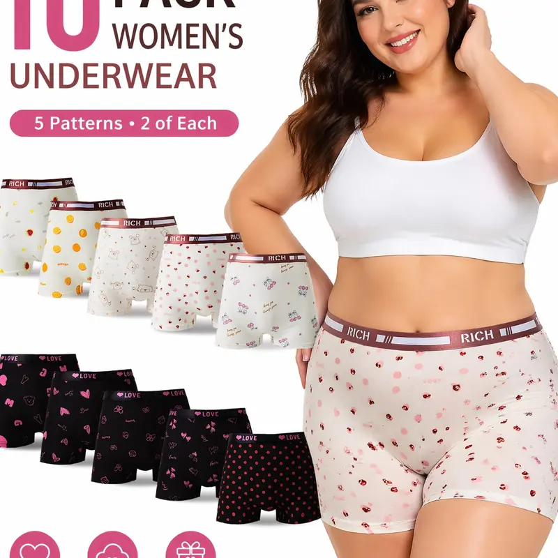 10-Pack Plus-Size Women's High-Waisted Boyshorts, Comfortable Fashion Underwear, All Over Print, Breathable Fabric, Non-Slip Fit, Breathable Comfy Innerwear
