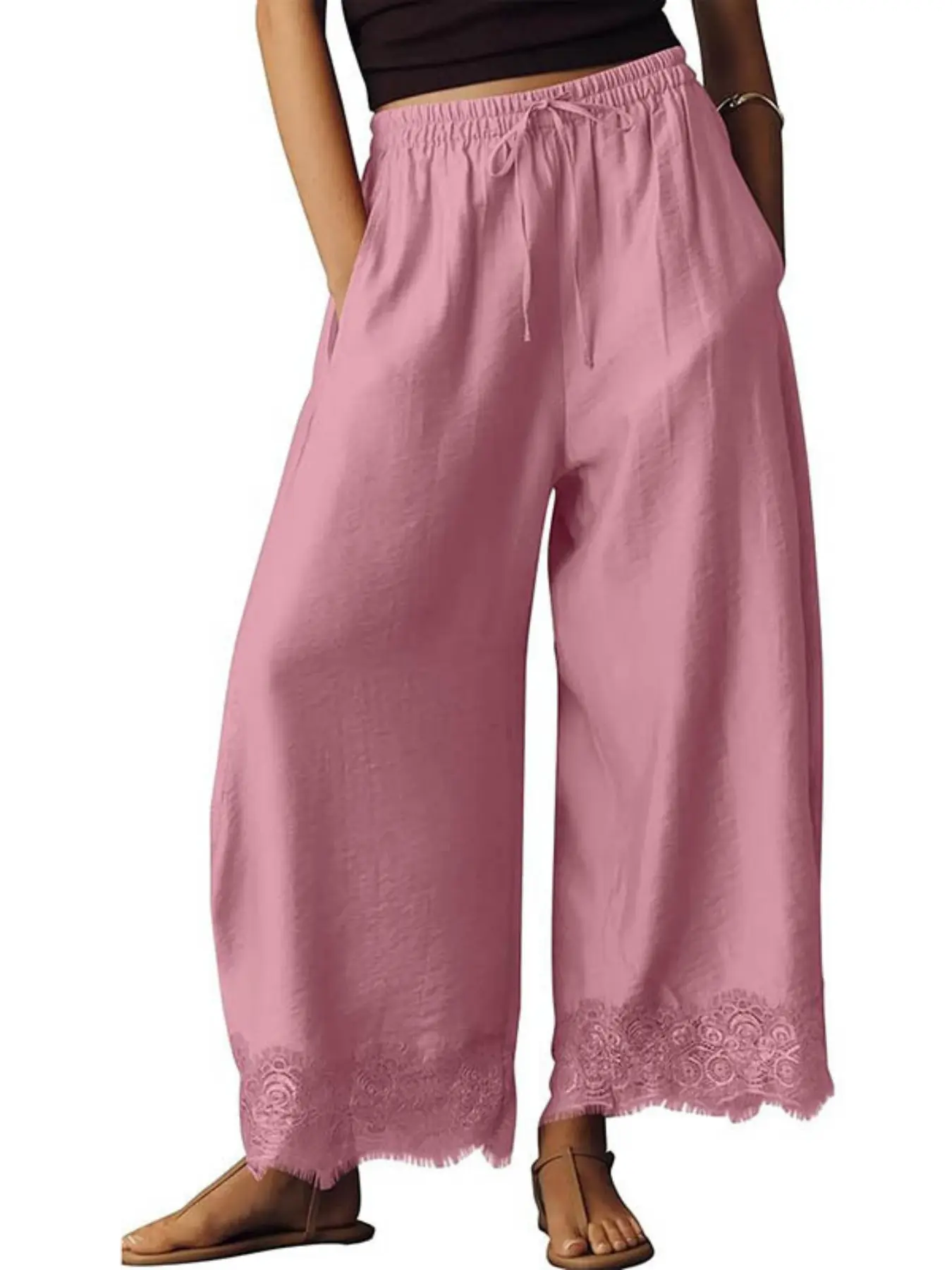 1pc Women's Curved Wide-Leg Pants, Elastic Waist Long Trousers with Exquisite Lace Spliced Hem, Elegant Slim-Fit Lace Wide Leg Pants