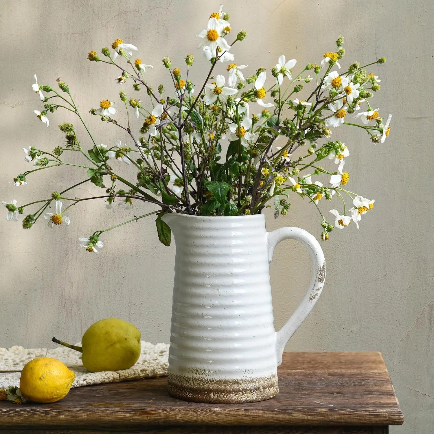 White Distressed Ceramic Farmhouse Pitcher Vase with Handle for Home Decor, Living Room Bedroom Kitchen Office Shelf Centerpiece Table DecorationGift
