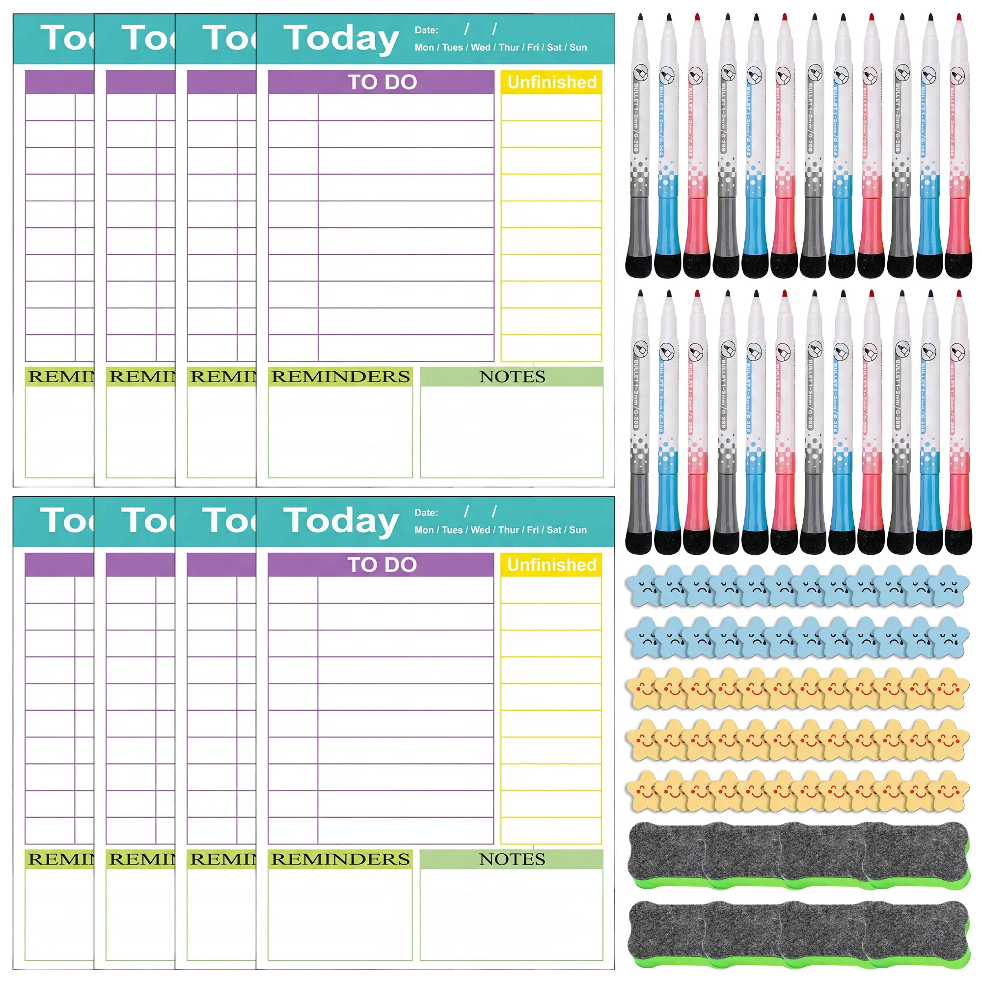 4-Pack Magnetic Dry Erase Daily Planner Boards with Markers, Decorative Magnets and Felt Erasers, 11.8 x 16.5 Inch To-Do List Organizer for Home, School and Office