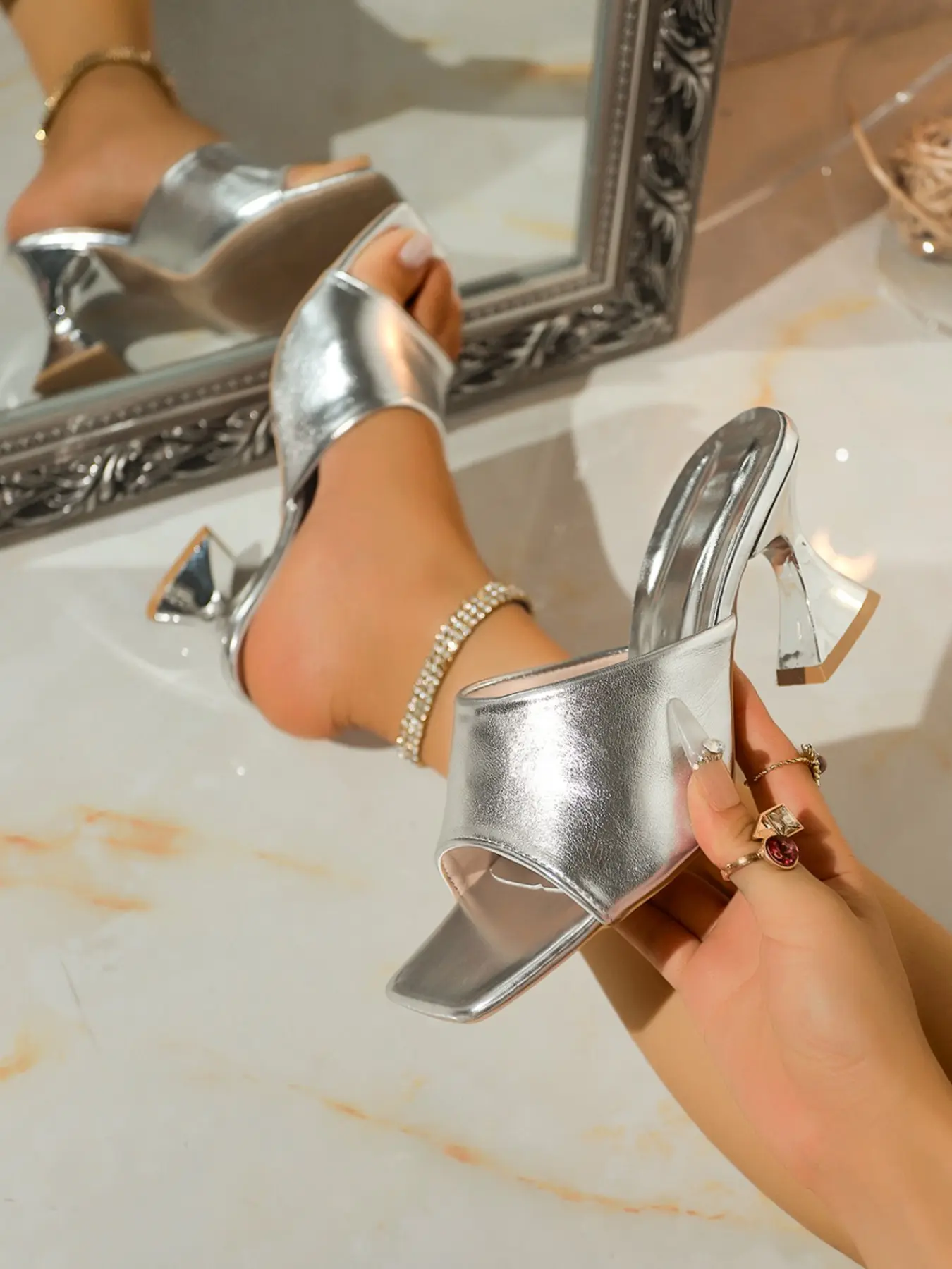 Summer Fashion New High Heel Sandals, European Style Metallic Glossy Square Toe, Unique Shape Bell Heel, Open Back, Outer Wear