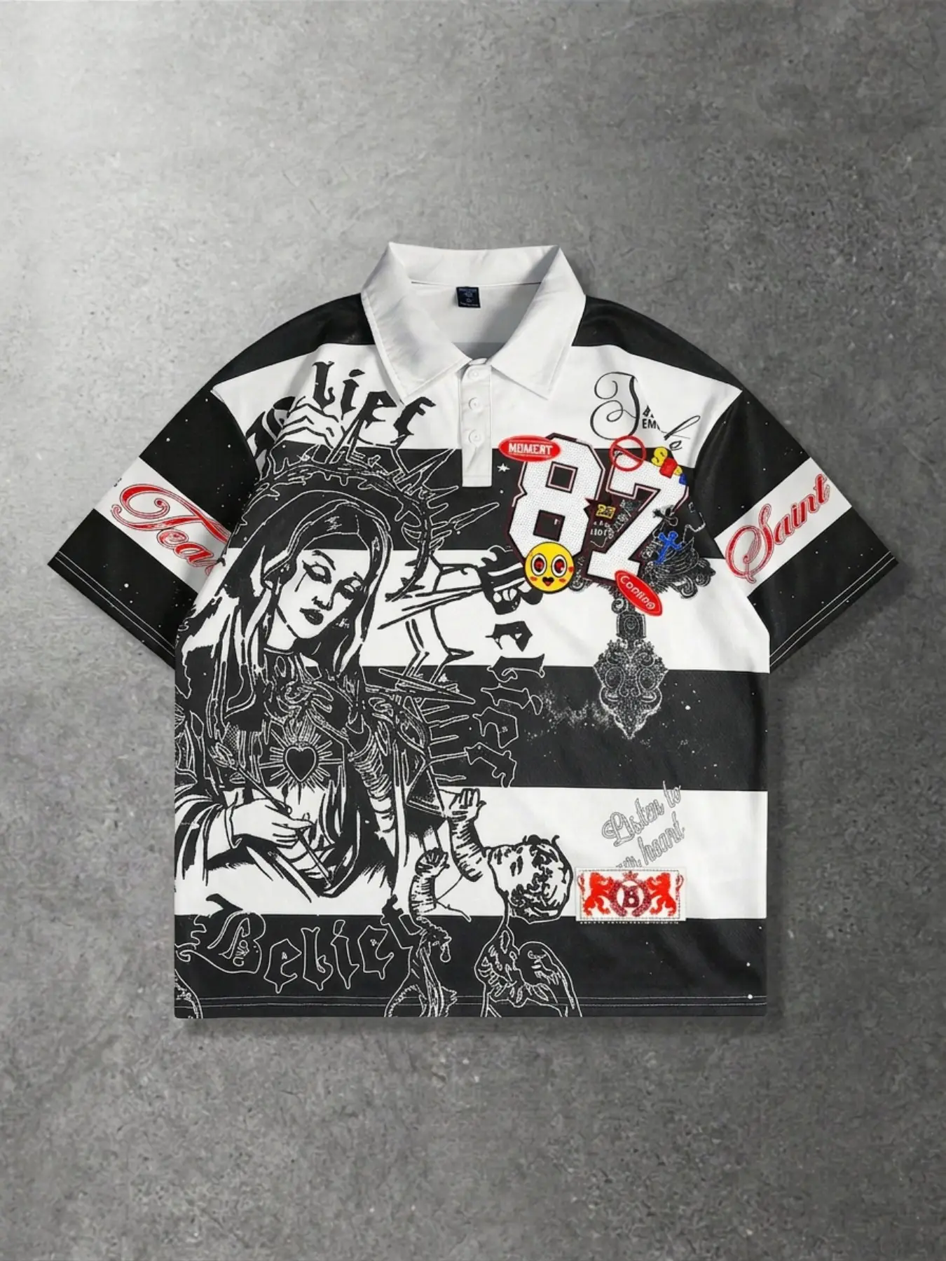 Unisex Gothic Print Rugby Polo Shirt, Loose-Fit Short Sleeve Top, Casual Streetwear for Daily Wear, Retro Skull Design