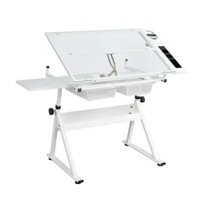 46" Drafting Table with Tilting Glass Top, Height Adjustable Drawing Desk for Artists, Craft Station with 2 Drawers, Stationery Tray and Padded Stool