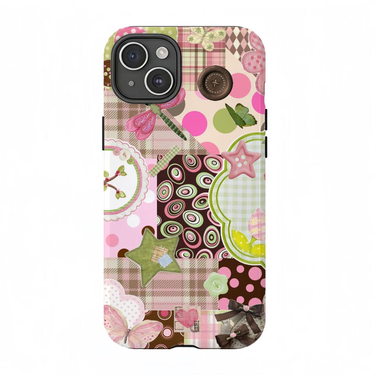 Cute Cottagecore Patchwork Phone Case|Pink Green Gingham Floral Protective Cover For iPhone 11 12 13 14 15 16 17 Pro Max For Samsung S26 S25 S24 S23 S22-Gift For Her/Him