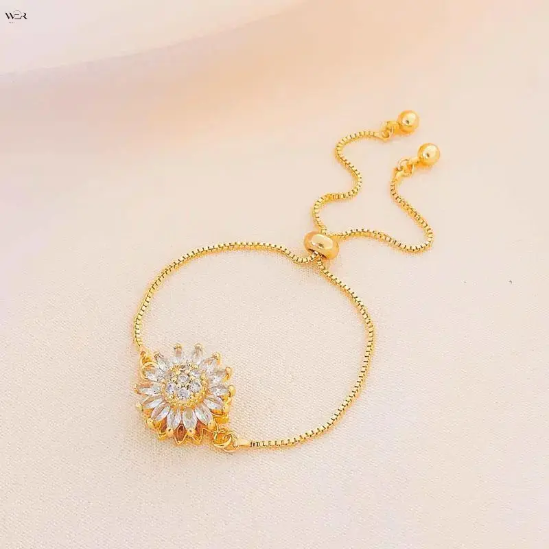 Dainty Cubic Zirconia Sunflower Bracelet for Women, 26cm Adjustable Thin Chain Shiny Crystal Flower Wrist Bracelet, Gold Silver Two Tone Minimalist Daily Jewelry Gift