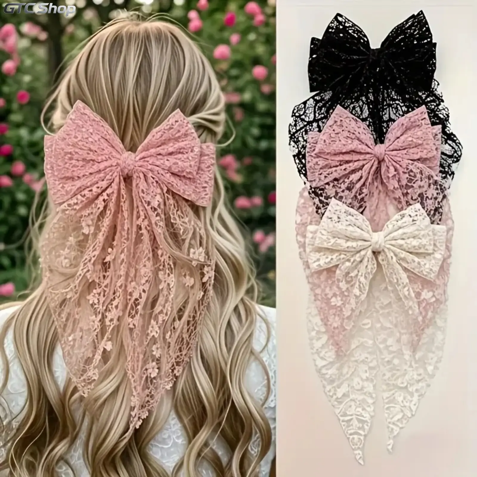 Women's 3-Pack Lace Bow Hair Clips - Elegant Statement Hairpiece for Parties & Weddings, Lightweight Accessory to Elevate Hairstyle in Black, Pink & White, Secured, Hair Clips Claw, Metal Clips