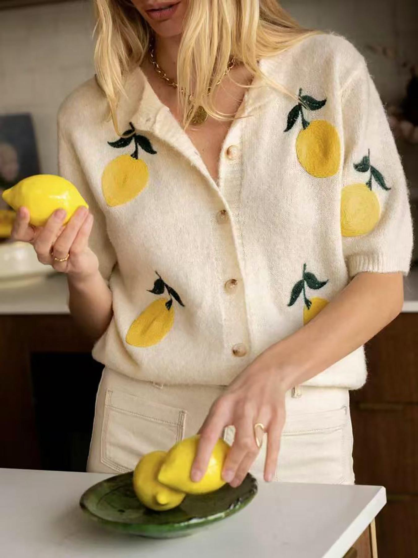 Women's Lemon Embroidery Sweater Cardigan, Casual Short Sleeve Knitwear for Daily Wear, Ladies Knitting Clothes for All Seasons, Tops