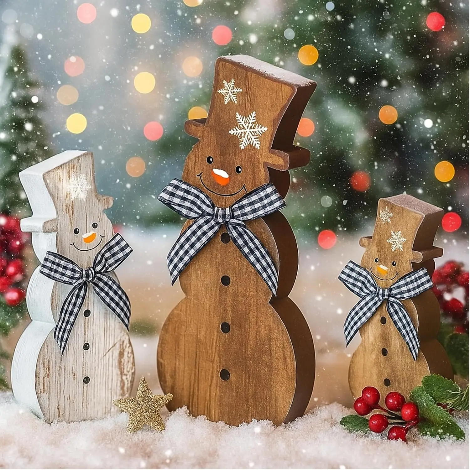 3 count Neutral Christmas Snowman Table Decoration Signs | Rustic Brown Winter Wooden Snowman Table Centerpiece Block Signs Figurine  Tiered Tray Decor for Xmas Indoor