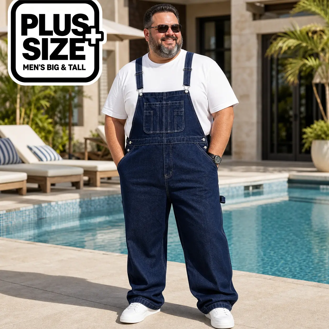Men's Big & Tall Cotton-Polyester Denim Overalls - Loose Fit Cargo Jumpsuit with Adjustable Straps, Lace-Up, Pockets - Vintage Street Style Workwear for Casual Daily - Plus Sizes XL-6XL, All-Season, Classic Plain Campus Comfortable Fabric Clothes