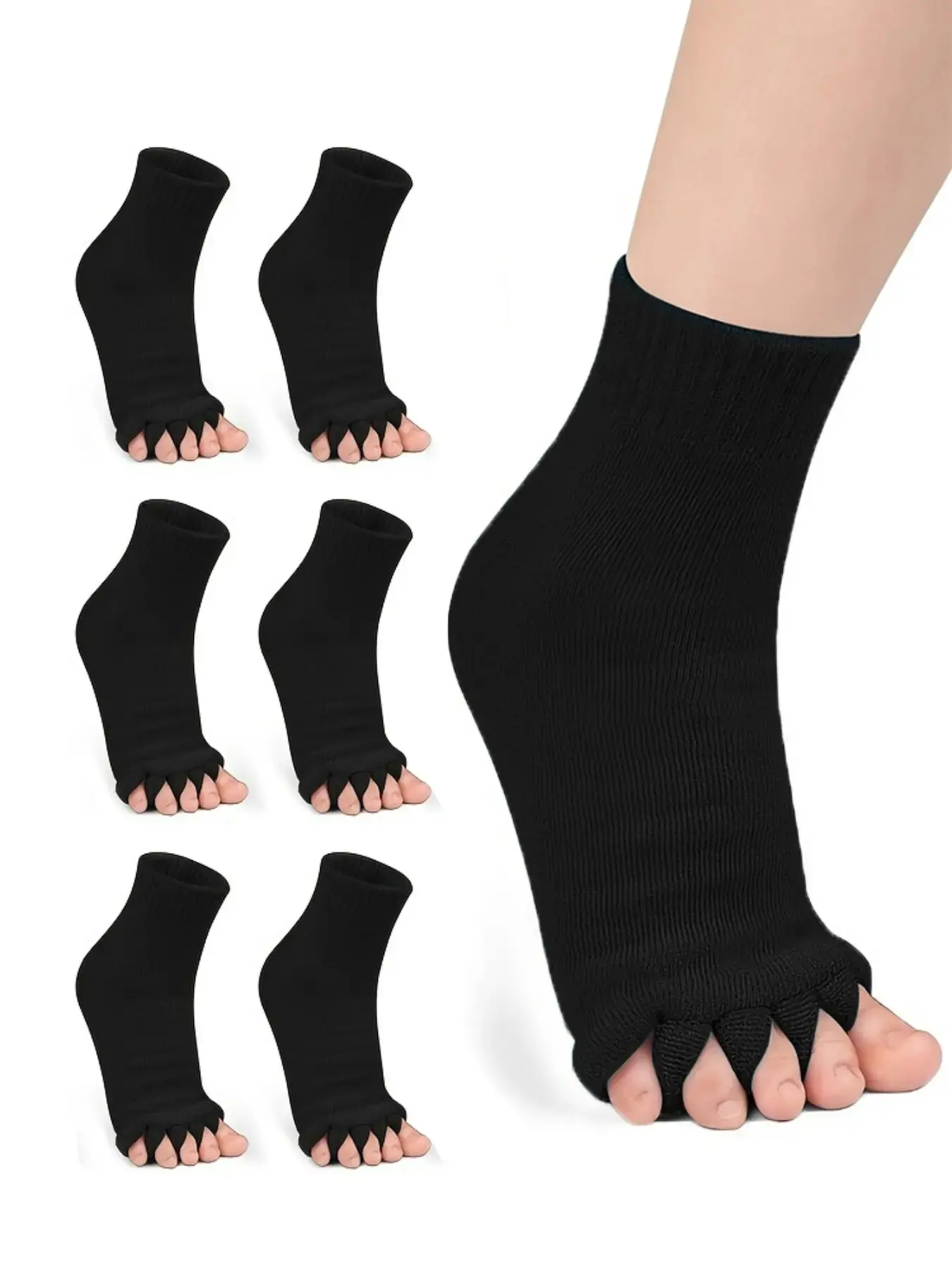 3/6/9 Pairs WomenOpen‑Toe Five‑Finger Yoga Socks, Elastic Ribbed Toe Separator Foot Care Socks