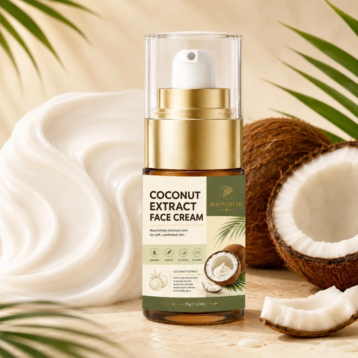 Coconut Extract Face Cream, Coconut Extract, Hydrates, Softens, Comforts, Smooths, For Face, All Skin Types, Skincare, Nourishing Moisture Care, 35g/1.23oz