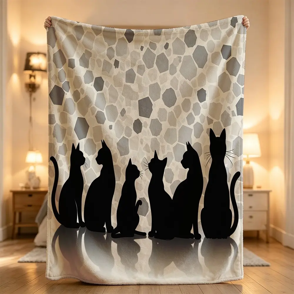 Black cat silhouettes geometric hexagon cozy blanket Flannel blanket, sofa leisure blanket, bed blanket, Plush Throw Blanket,Cozy Soft Lightweight Blanket,Boho Decorative Throw Blanket