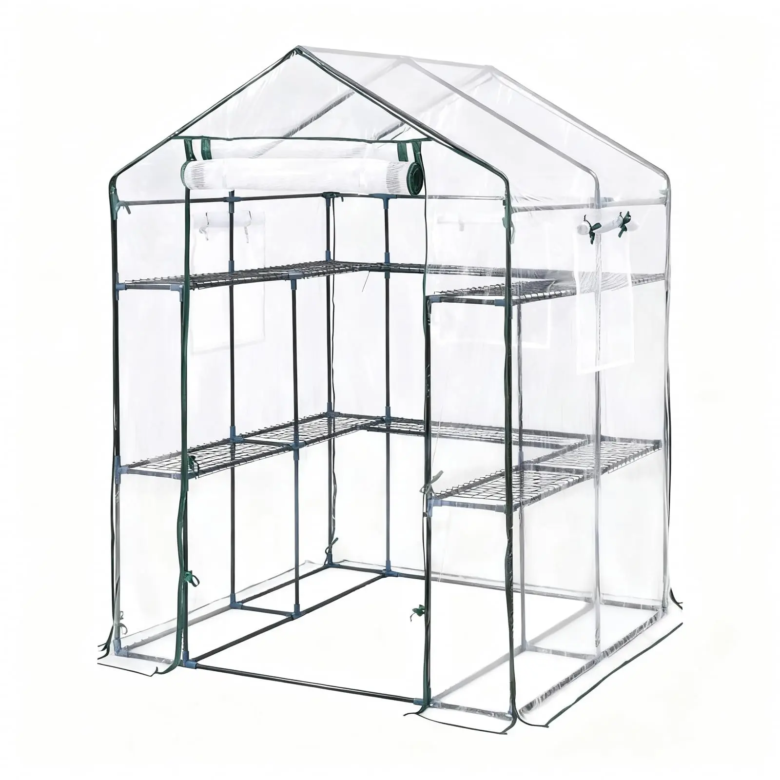 Heavy Duty Walk-in Greenhouse Tent, 3 Tiers 12 Shelves Portable Plant Green House with Steel Frame, Thick Clear PVC Cover, Zipper Mesh Door & Screen Windows, Outdoor Grow Tent for Balcony, Patio, Deck & Garden, 143x143x195cm Clear