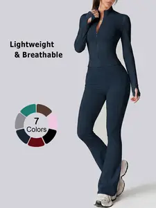 Women's 2 Piece Workout Set, Athletic Workout Set, Zip Up Long Sleeve Jacket with Thumb Holes High Waist Butt Lifting Tummy Control Flare Pants Four Way Stretch Buttery Soft for Gym Running Cycling Cooling Breathable Casual Fitness Outfit