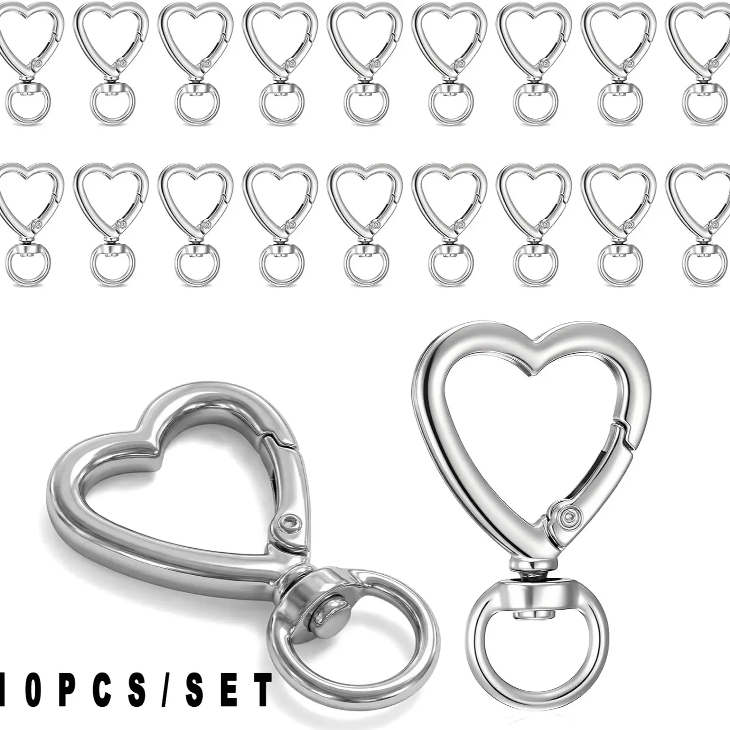 10pcs Spring Snap Keychain Clip, DIY Creative Design, Metal Heart Shape, Silvery Color, Keychain Accessories, Hanging Buckle Key Rings