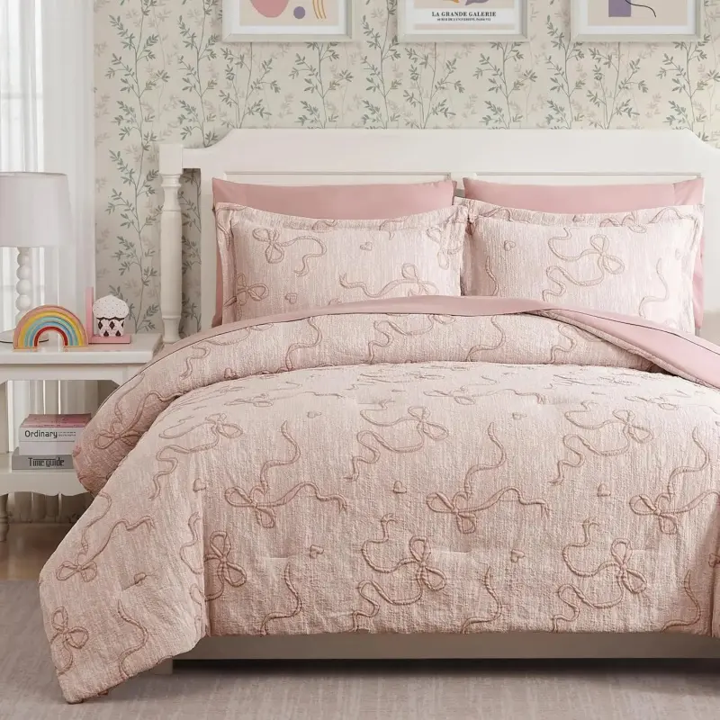 Girl's Pink Double Bow Jacquard Bedding Set - 3-Piece Bright Pastel Bedding Sets Collections, Includes Duvet Cover, Sheet, Pillowcase, Durable, All-Season, Farmhouse Animal Theme, Stylish, Multiple Sizes, Ideal Gift