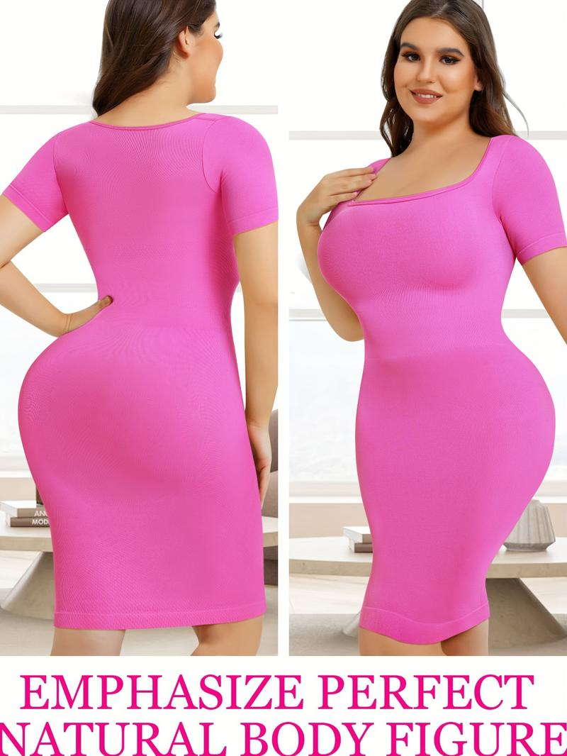 Women's High Elastic Bodycon Dress Short Sleeve Mid-Length Shapewear, Casual Slim Fit Skirt for All Seasons, Kardashian Style