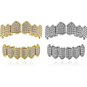 Soulchen 2 Set Vampire Teeth Diamond Grills for Your Teeth for Men Women 18k Gold Plated Hip Hop Rapper Costume Cosplay with Extra Molding Bars