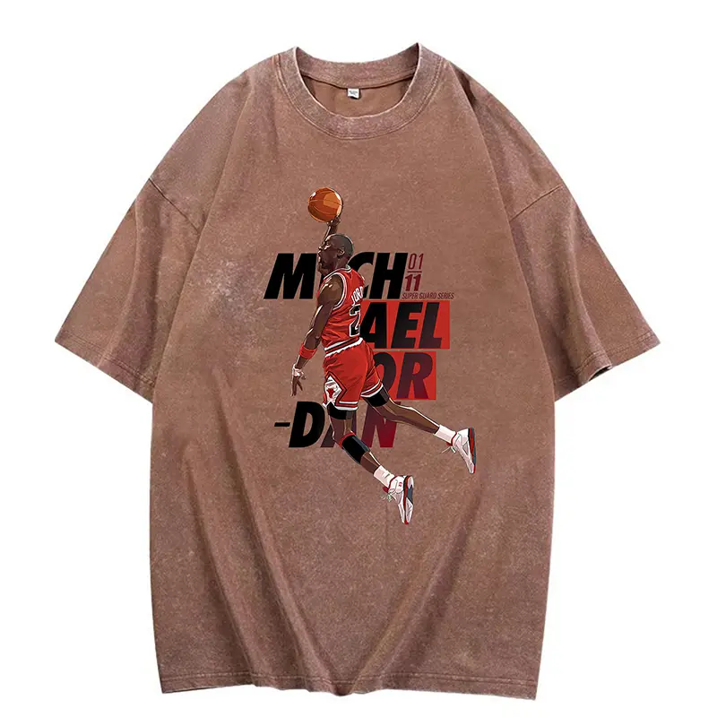 Vintage Washed Brown Basketball Graphic T-Shirt, Michael Jordan Chicago Bulls No.23 Dunk Pose Print Oversized Loose Short Sleeve Tee, Classic NBA Legend Retro Sports Streetwear Top, Soft Casual Hip Hop Daily Shirts for Men Women Teen Basketball Sports Fan