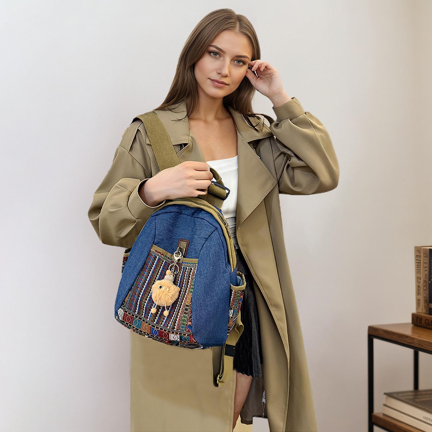 Women's Practical Denim Rucksack with Double Zipper Closure, Classic Printed Shoulder Bag with Adjustable Strap and Top Handle for Casual Daily Use and Commuting