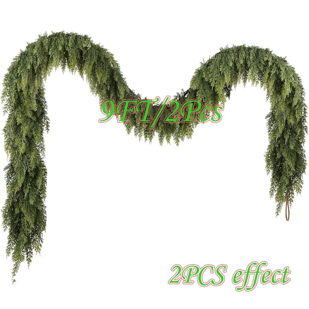 2-Pack 9ft Christmas Wreaths, Real Cedar Artificial Cypress Wreaths for Fireplace Table Door Wall Indoor Outdoor Holiday Decorations