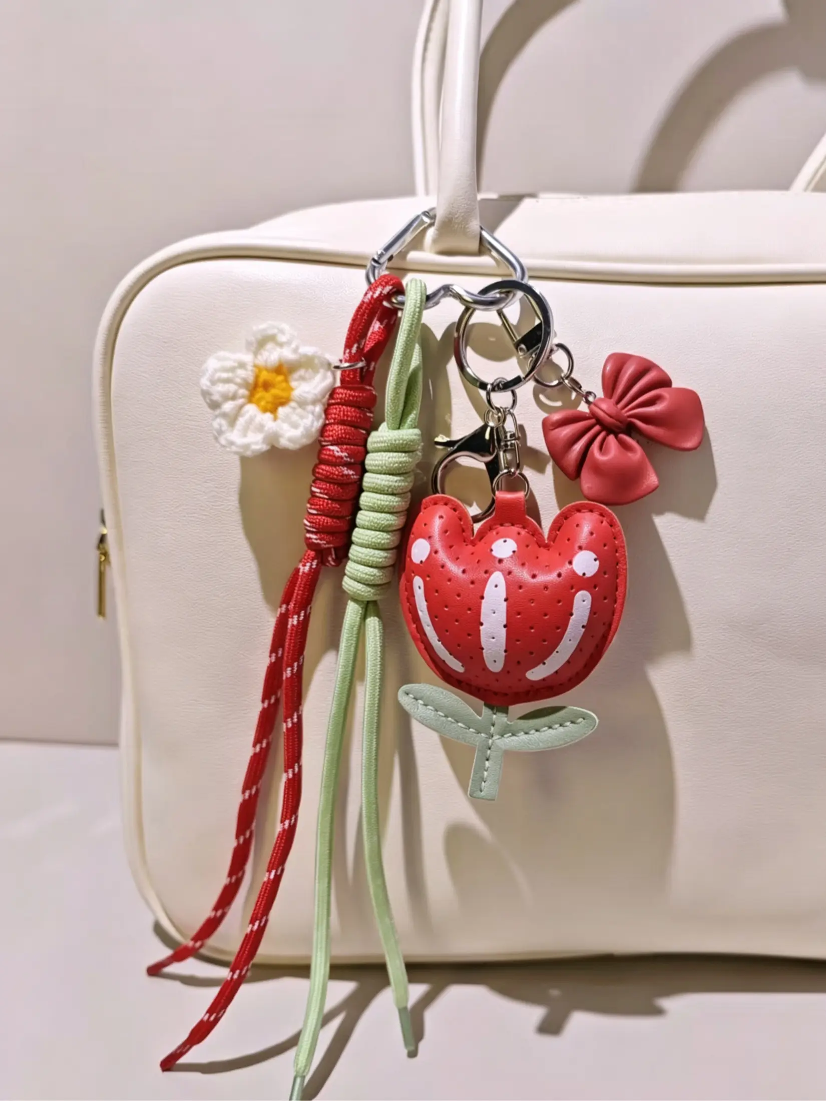 Leather Tulip Keychain, Fresh Color Block Braided Rope Design, Soft Girl Style Bag Accessory, Daily Outing Bag Charm