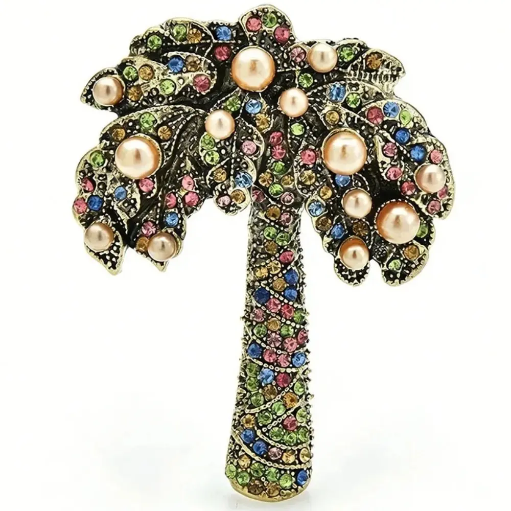 Vintage Antique Bronze Palm Tree Brooch Multi Color Rhinestone Cream Pearl Tropical Lapel Pin Suit Coat Luxury Jewelry Gift
