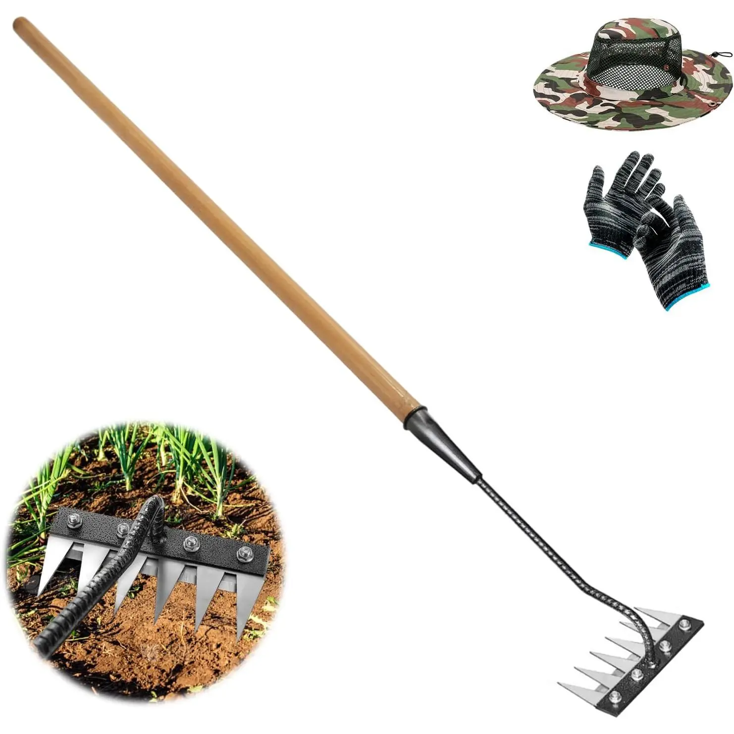Gardenia Iron Weeding Rake with Long Wooden Handle, No Frequent Tightening