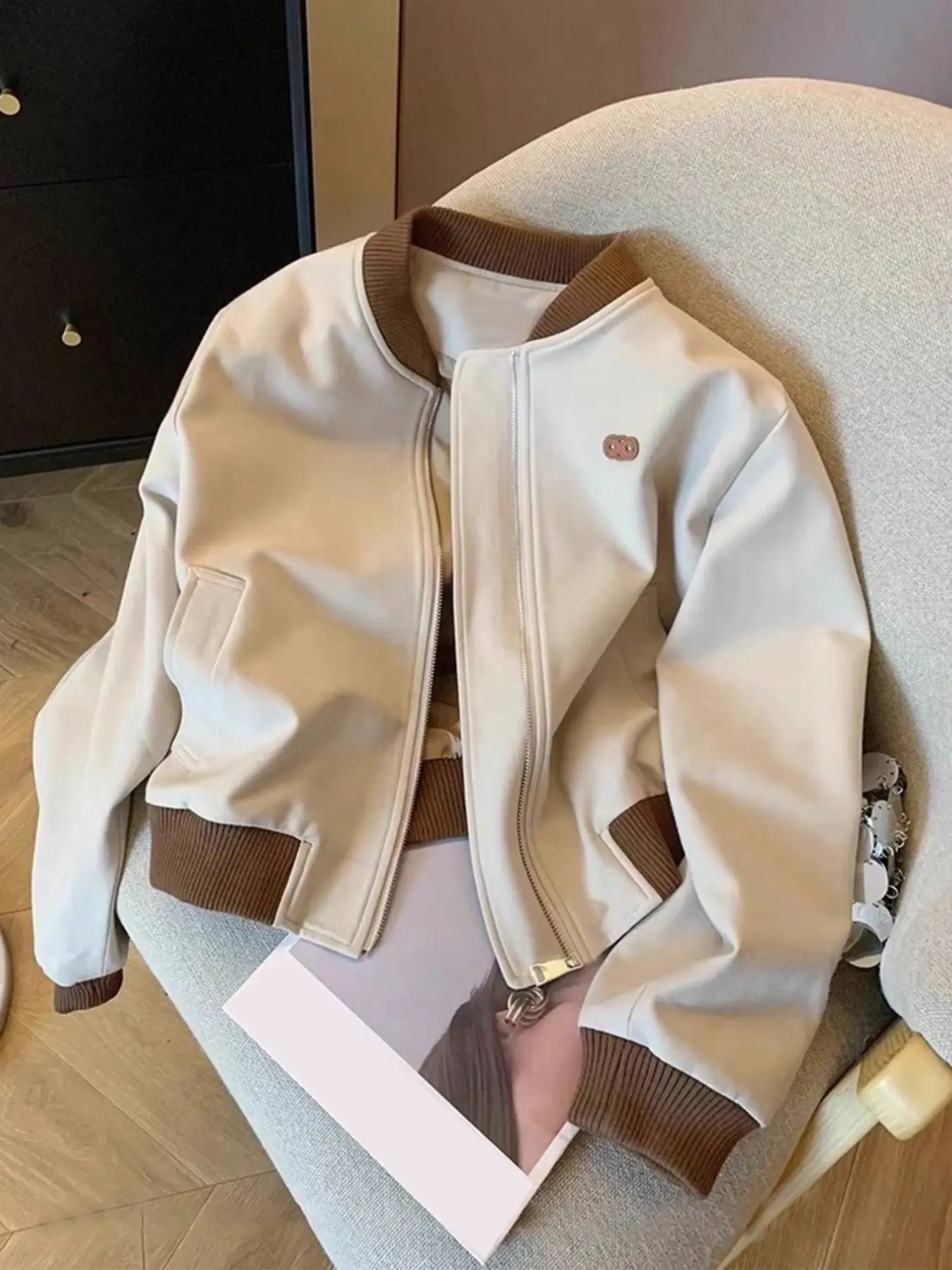 Vintage Cropped Varsity Jacket, Cute Small Embroidery, Lightweight Casual Fall Outwear, Stylish Women's Outerwear, Perfect for Autumn