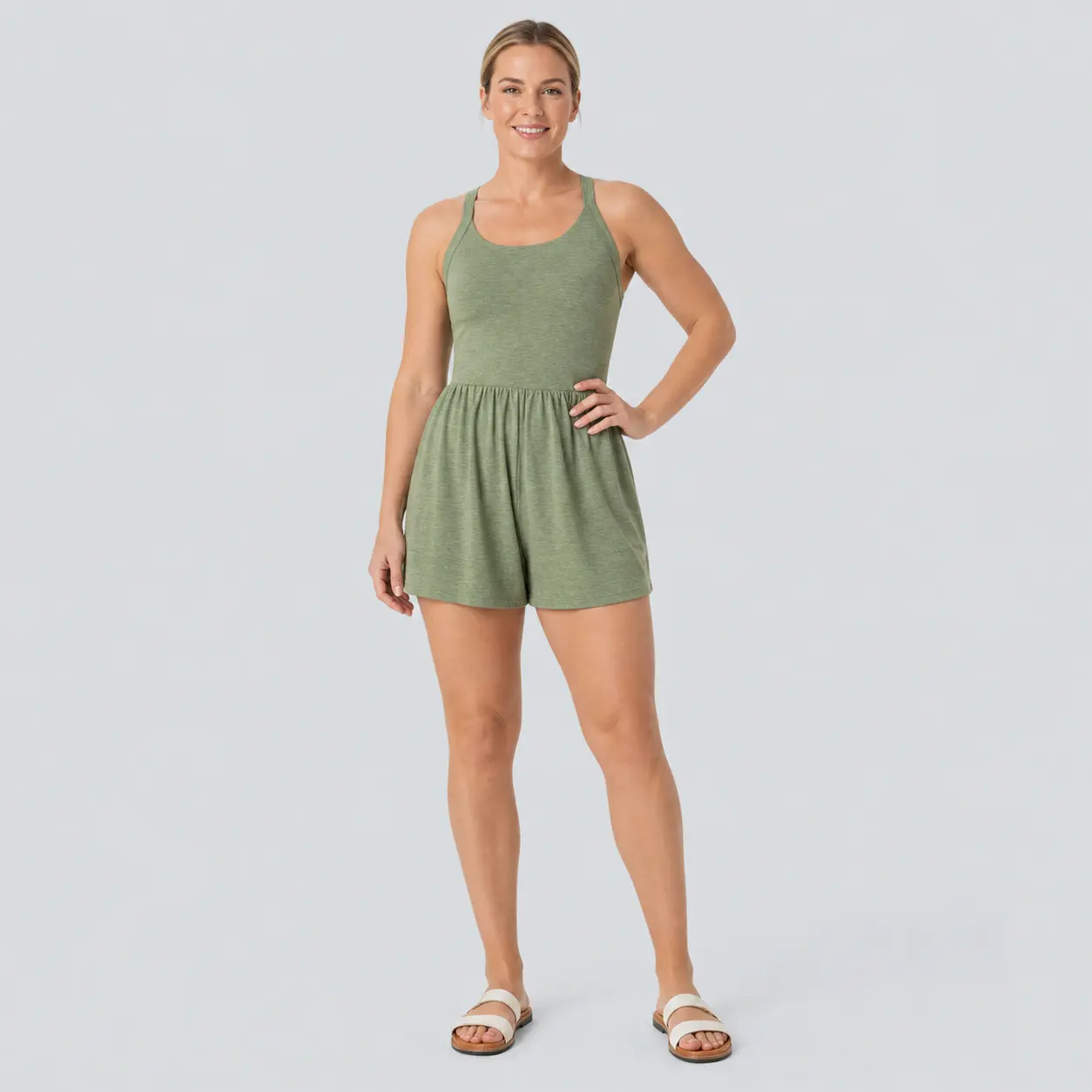 Women's Light Sage  2 in 1 Romper Dress, Sleeveless Backless Twist Skort Jumpsuit with Built In Shorts, Scoop Neck Mini Dress Romper, Casual Summer Vacation Beach Resort Outfit, Cute Flowy One Piece Playsuit for Travel Date Night Daily Wear 2026