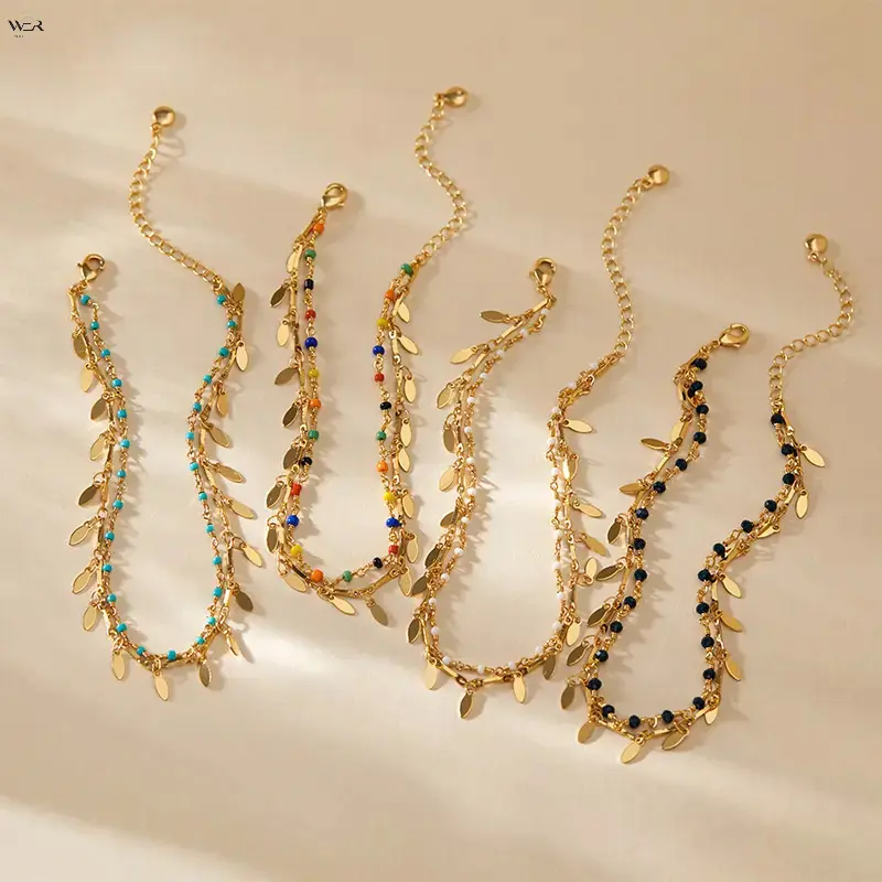 Bohemian Gold Leaf Beaded Ankle Bracelet for Women, Adjustable Multi Color Tiny Seed Bead Tassel Foot Chain Summer Beach Waterproof Anklet Jewelry