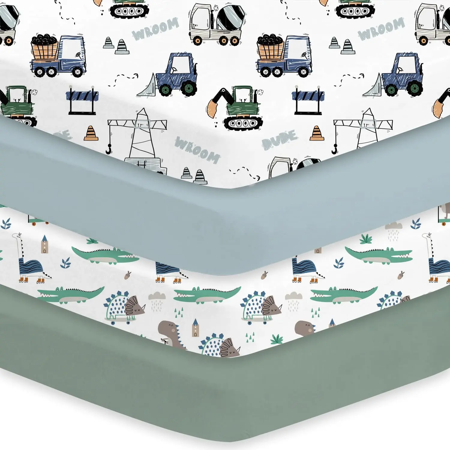 Crib Sheets 4 Pack for Boys and Girls, Baby Neutral Crib Fitted Sheets for Standard Crib & Toddler Mattress, Super Soft Breathable Fitted Crib Sheet Set (Truck & Alligator)
