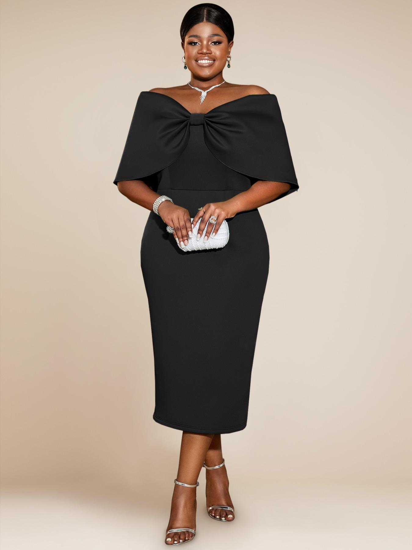 【Plus Size】 Ruched Off The Shoulder Split Hem Evening Dress Formal Wear, Elegant Zipper Back Dress for Party & Banquet, Women's Clothes for All Seasons, Womenswear, Gown Elegance