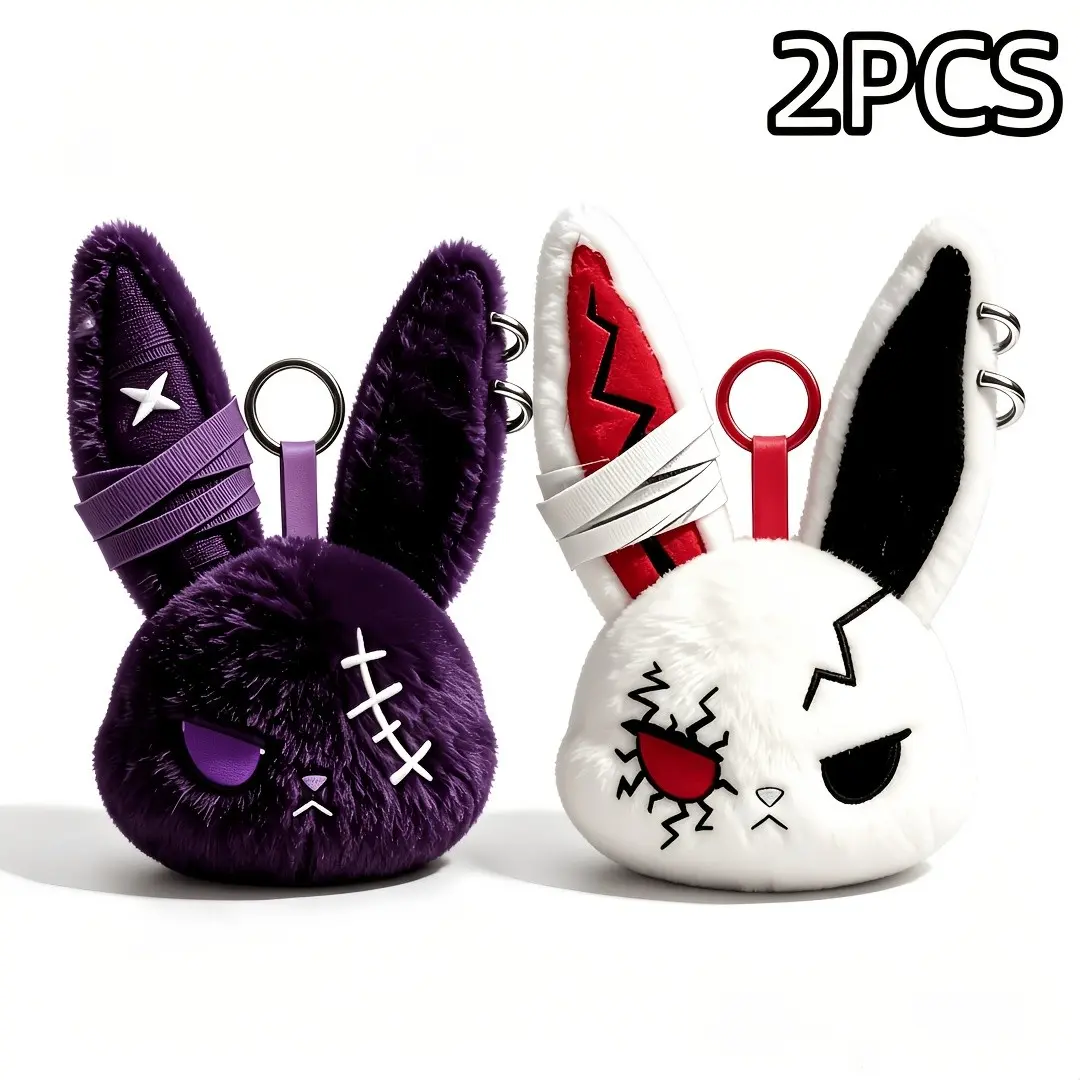 2pcs Gothic Style Bandage-Stitched Rabbit Plush Keychain, Cool And Dark Style Rabbit Head Bag Pendant, Unique Plush Animal Key Accessory for Women，BagAccessory，HalloweenAccessory, Stuffed Animal Keychain