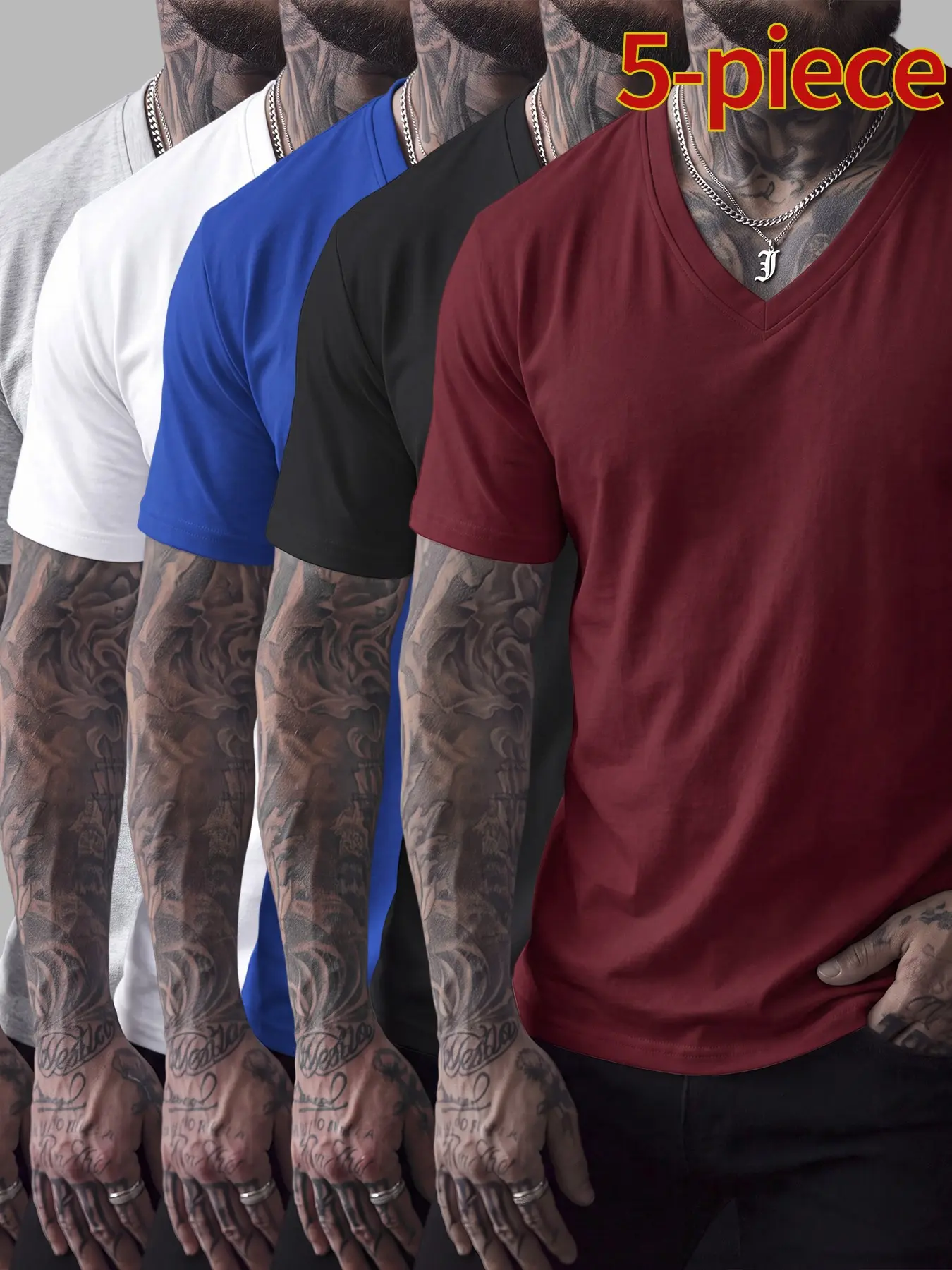 5-Pack Men's Slim Fit Cotton V-Neck T-Shirts, Casual Classic Short Sleeve Basic Daily Wear, Comfortable Solid Color Tees, Essential Clothing