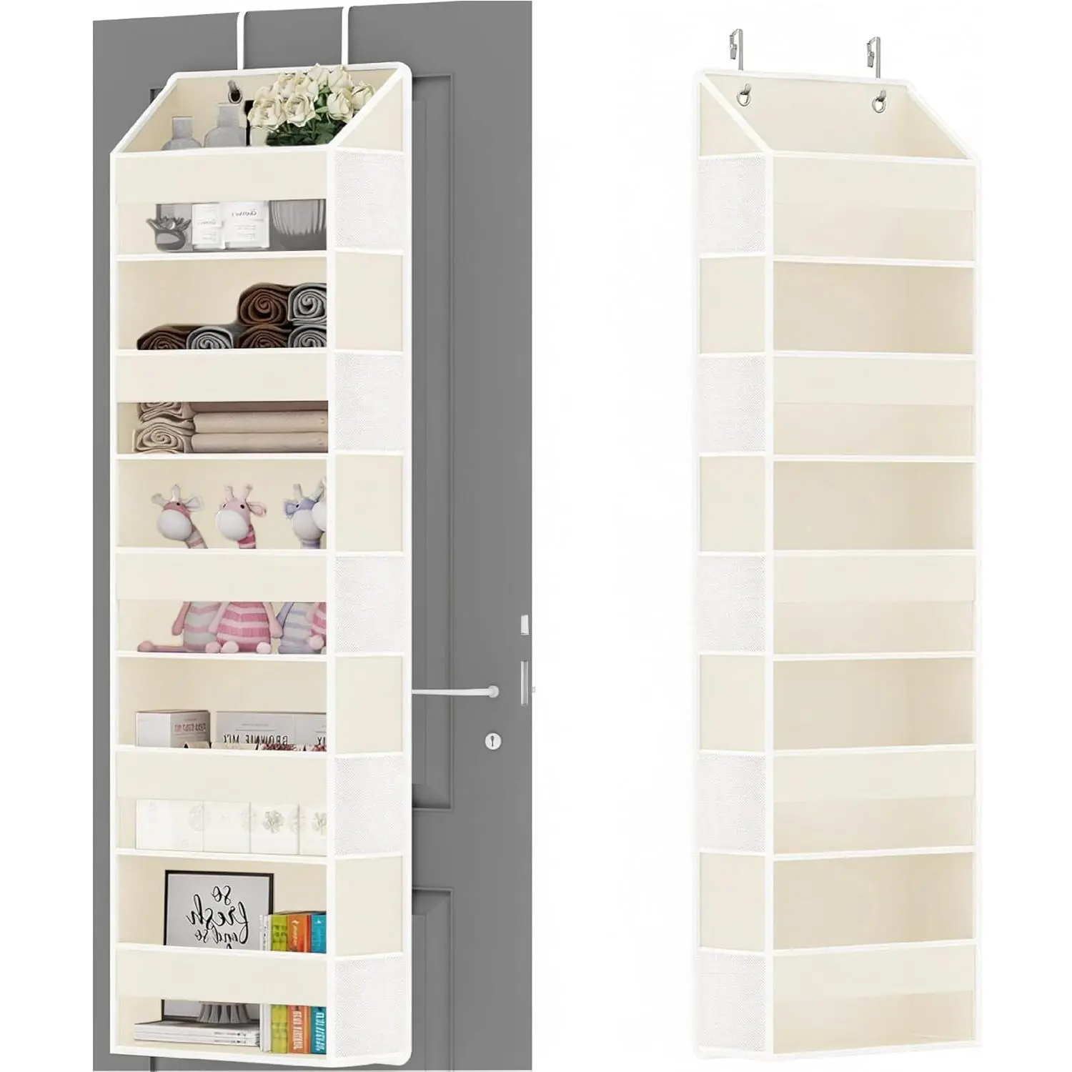 Over Door Organizer with 5 Large Pockets & 10 Mesh Side Compartments - Behind The Door Storage for Bathroom, Bedroom, Closet, Pantry, RV &  -  Room Organizer Solution - Beige