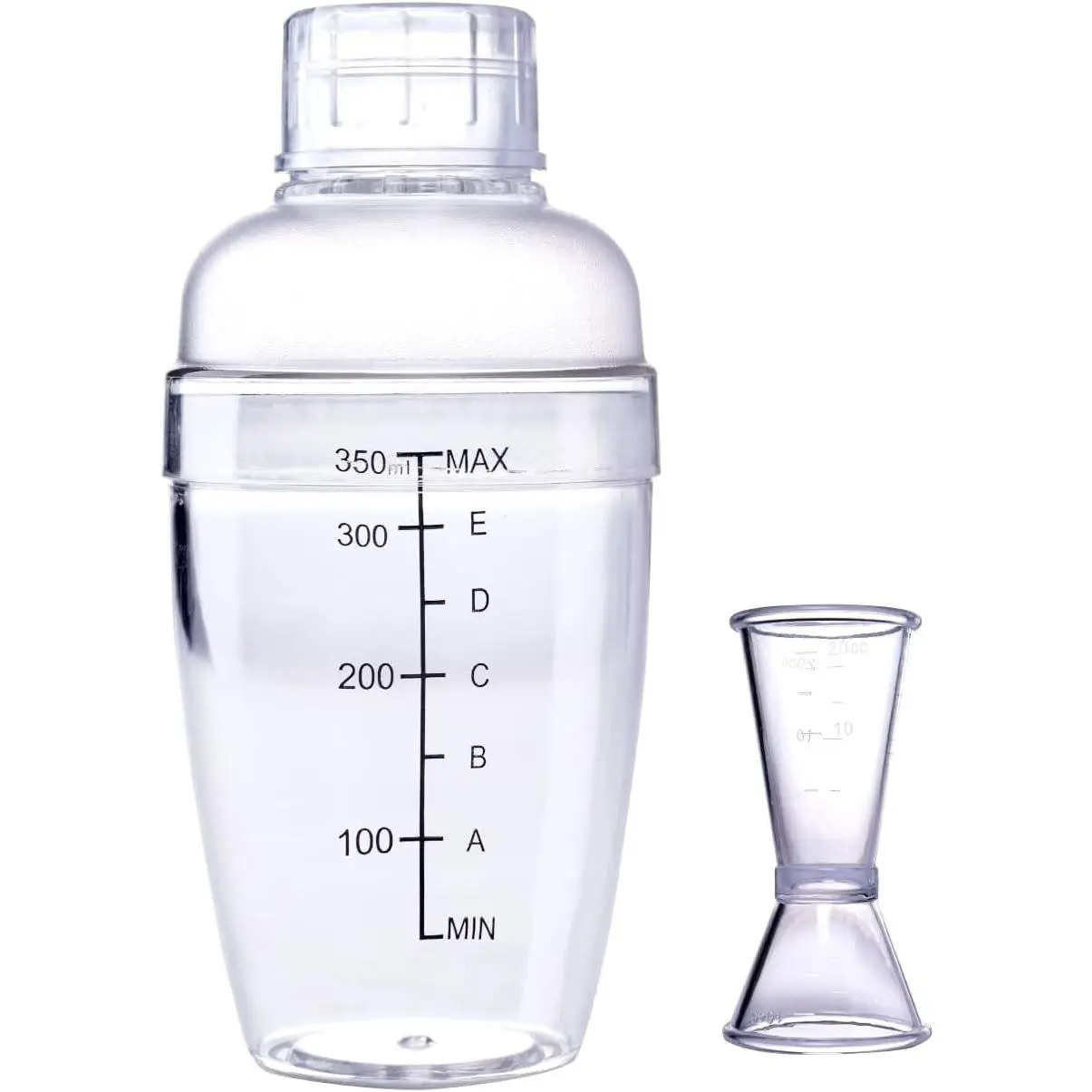 350ML Transparent Plastic Cocktail Shaker Set with Measuring Jigger & Scale Marks, Handheld Drink Mixer for Boba Tea Protein Shakes, Practical Bar Tool