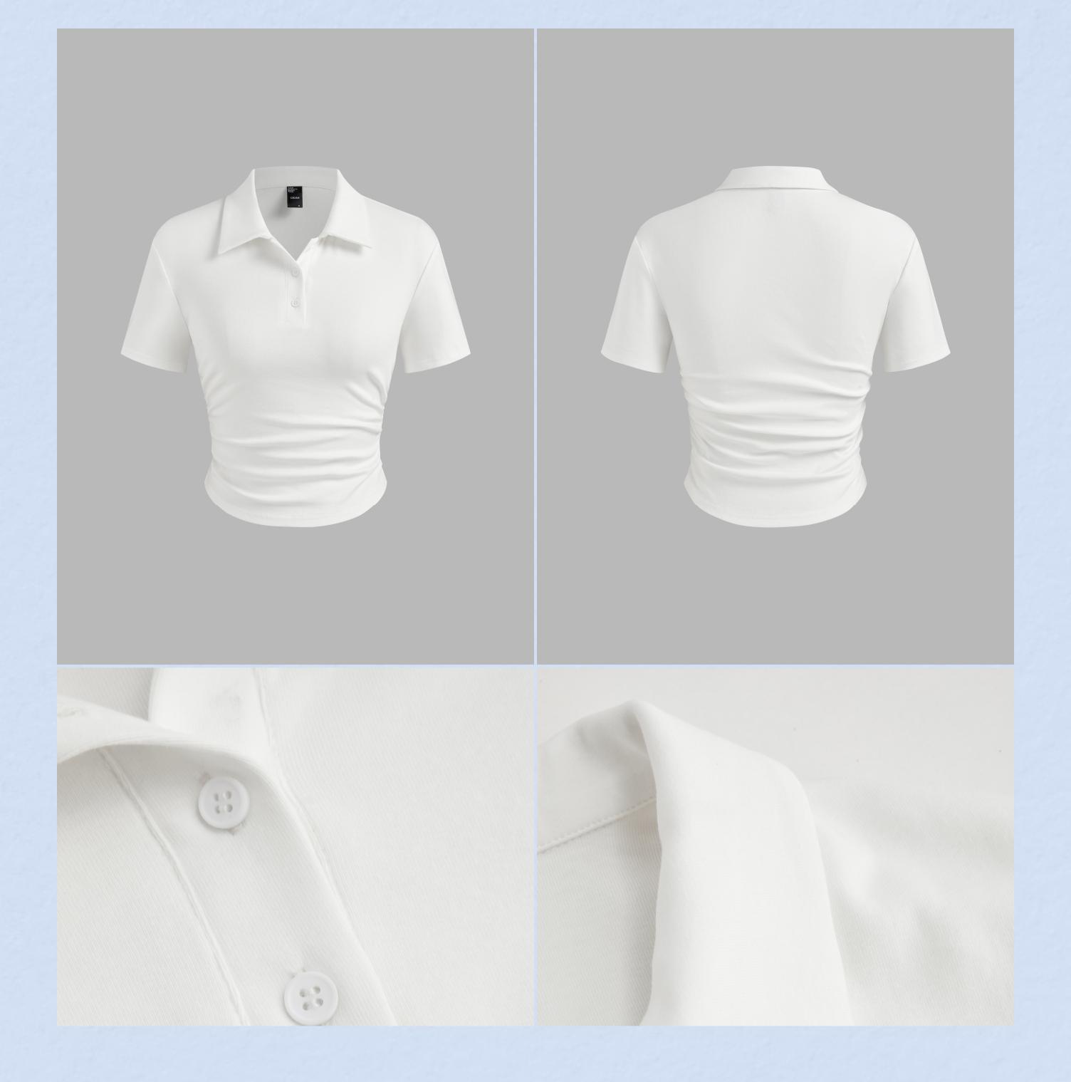 Cider [3 colors, size 2-10] Cotton-blend Collar Solid Ruched Button Short Sleeve Top