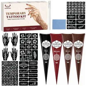 Full-body natural DIY henna tattoo set with rich-tone cones and 200+ reusable hollow stencils. Professional temporary nail tattoo supplies with various easy-use patterns for women daily drawing, wedding ceremonies and festival themed parties.
