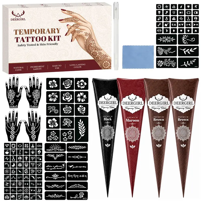 Full-body natural DIY henna tattoo kit with rich-tone cones, 200+ reusable hollow stencils and diy tattoos. Professional temporary nail tattoo supplies with various easy-use patterns for women daily drawing, wedding ceremonies and festival themed parties.