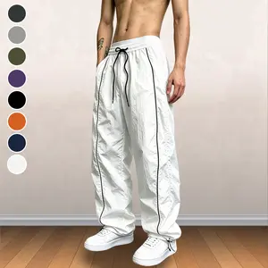 Athletic Loose Fit Running Track Pants for Men, Wrinkle Resistant Quick Dry Fabric, Dual Side White Accent Stripes, Adjustable Drawstring Hem, Elastic Waist Wide Leg Casual Sweatpants Alternative