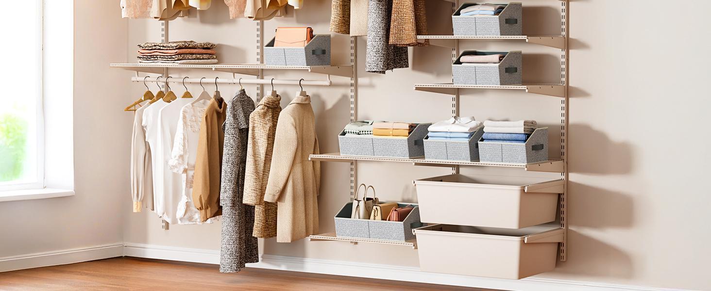 Closet Organizers Bins 6 Packs - Large Closet Shelf Organizer with Handles, Fabric Trapezoid Storage Bins, Collapsible Storage Cubes for Clothes, Towels, Light Gray