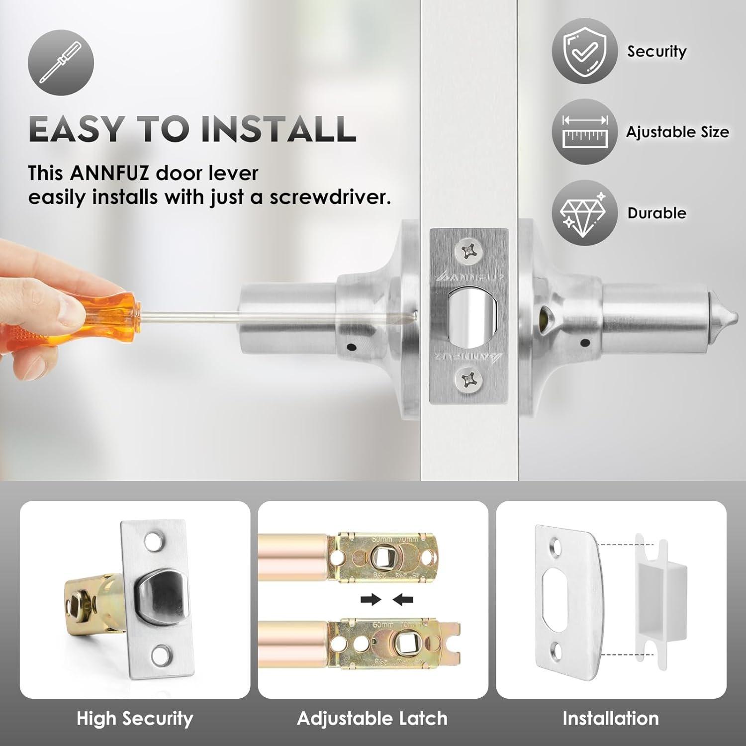 Keyless Door Handle Lock Without Key,Reversible Door Lever with  Released for Right & Left Side, for Interior for Bathrooms and Bedrooms (Classic,, Brushed Nickel)